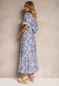 Renee - Granatowo-Biała Sukienka z Wiskozy i Bawełny Ozdobiona Falbaną i Sznurkiem w Pasie Vantia. Okazja: na co dzień. Kolor: niebieski. Materiał: bawełna, wiskoza. Wzór: aplikacja. Sezon: lato. Typ sukienki: proste. Styl: casual, elegancki #3