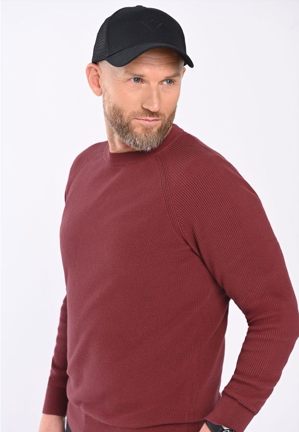 Volcano - Bawełniany sweter S-LAMONT. Okazja: na co dzień. Kolor: czerwony. Materiał: bawełna. Długość rękawa: raglanowy rękaw. Wzór: aplikacja, ze splotem, jednolity. Styl: casual