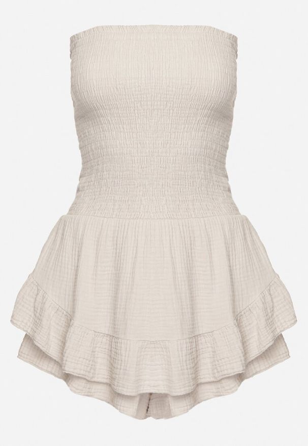 Born2be - Beżowy Kombinezon z Bawełny z Elastyczną Gumką w Talii i Falbanką Olialia. Okazja: na spacer. Kolor: beżowy. Materiał: bawełna. Sezon: lato