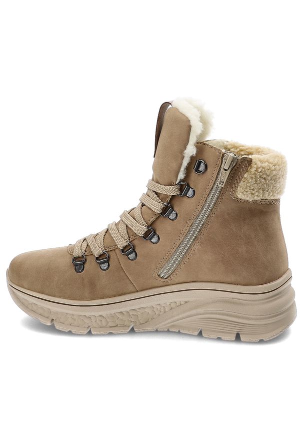 Brązowe Botki Rieker Ocieplane Obuwie Damskie. Okazja: na co dzień, na spacer. Kolor: beżowy. Materiał: skóra ekologiczna. Szerokość cholewki: normalna. Obcas: na obcasie. Styl: casual, klasyczny, elegancki. Wysokość obcasa: średni
