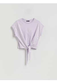 Reserved - T-shirt z wiązaniem - lawendowy. Kolor: fioletowy. Materiał: dzianina, bawełna