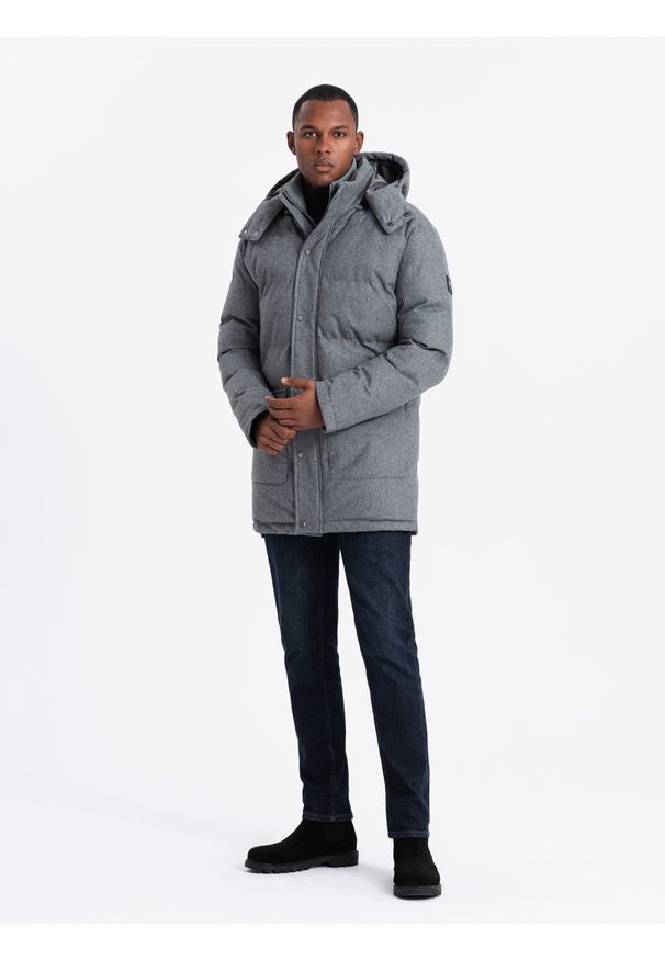 Ombre Clothing - Ciepła długa kurtka męska typu parka z wełną – szary melanż V1 - Rozmiar: M. Kolor: szary. Materiał: wełna. Długość: długie. Wzór: melanż