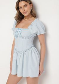 Born2be - Niebieska Sukienka Vices w Rustykalnym Stylu z Gorsetowym Wiązaniem Tolaviela. Okazja: na spacer, na imprezę. Typ kołnierza: dekolt gorset. Kolor: niebieski. Materiał: jeans. Wzór: aplikacja. Typ sukienki: gorsetowe. Styl: elegancki #3