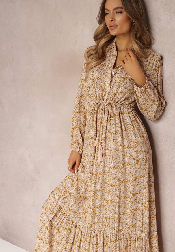Renee - Żółta Sukienka Poleusa. Typ kołnierza: typu klepsydra. Kolor: żółty. Materiał: tkanina. Wzór: kwiaty, nadruk, aplikacja. Typ sukienki: koszulowe. Styl: elegancki. Długość: maxi