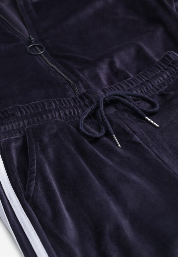 Born2be - Granatowy Welurowy Komplet Dresowy 2-Częściowy z Lampasami Bluza i Spodnie Atiriv. Kolor: niebieski. Materiał: welur, dresówka