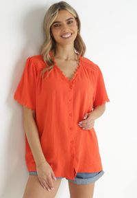 Born2be - Pomarańczowa Koszula z Koronką Hannali. Kolor: pomarańczowy. Materiał: koronka. Wzór: koronka #4