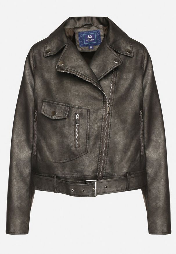 Born2be - Ciemnoszara Kurtka Ramoneska z Kieszeniami i Paskiem z Klamrą Polvila. Okazja: na co dzień. Kolor: szary. Materiał: jeans. Długość rękawa: długi rękaw. Długość: długie. Styl: casual, klasyczny, elegancki, rockowy