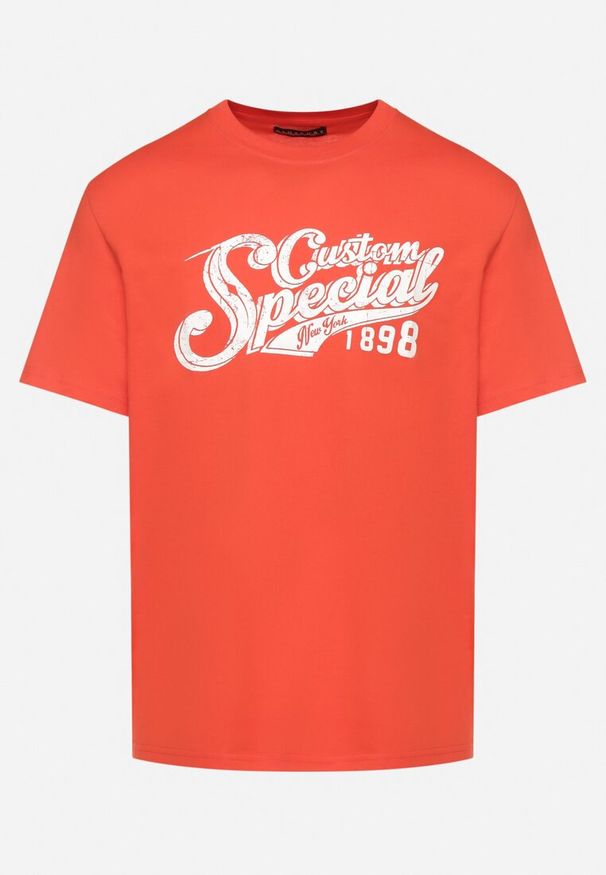 Born2be - Pomarańczowa Bawełniana Koszulka z Nadrukiem z Napisem Mepize. Okazja: na co dzień. Kolor: pomarańczowy. Materiał: bawełna. Wzór: napisy, nadruk. Styl: klasyczny, casual, elegancki