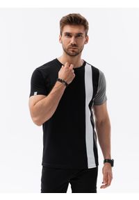 Ombre Clothing - T-shirt męski z pionowymi kontrastowymi elementami - czarny V1 OM-TSCT-22SS-006 - XXL. Okazja: na co dzień. Kolor: czarny. Materiał: bawełna, materiał. Wzór: napisy, aplikacja, kolorowy. Styl: casual, sportowy #3