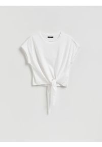 Reserved - T-shirt z wiązaniem - biały. Kolor: biały. Materiał: dzianina, bawełna