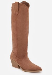 Renee - Jasnobrązowe Kozaki Kowbojki na Stożku z Gładką Cholewką z Imitacji Zamszu Halille. Nosek buta: otwarty. Kolor: brązowy. Materiał: zamsz. Szerokość cholewki: normalna. Wzór: gładki. Obcas: na stożku. Wysokość obcasa: średni #2