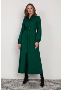 Nommo - Koszulowa Sukienka Maxi z Bufiastym Rękawem - Zielona. Kolor: zielony. Materiał: bawełna, poliester. Typ sukienki: koszulowe. Długość: maxi