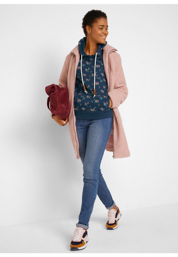 bonprix - Bluza z kapturem z troczkami z czystej bawełny. Typ kołnierza: kaptur. Kolor: niebieski. Materiał: bawełna