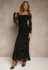 Renee - Czarna Sukienka VICES Bodycon z Siateczki Ozdobionej Wzorem w Kwiaty Rivita. Okazja: na imprezę. Typ kołnierza: dekolt kwadratowy. Kolor: czarny. Wzór: aplikacja, kwiaty. Typ sukienki: bodycon. Styl: elegancki #4