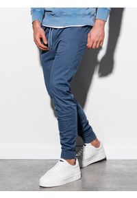 Ombre Clothing - Spodnie męskie joggery P908 - niebieskie - XXL. Okazja: na co dzień. Kolor: niebieski. Materiał: bawełna, elastan. Wzór: aplikacja. Styl: klasyczny, casual