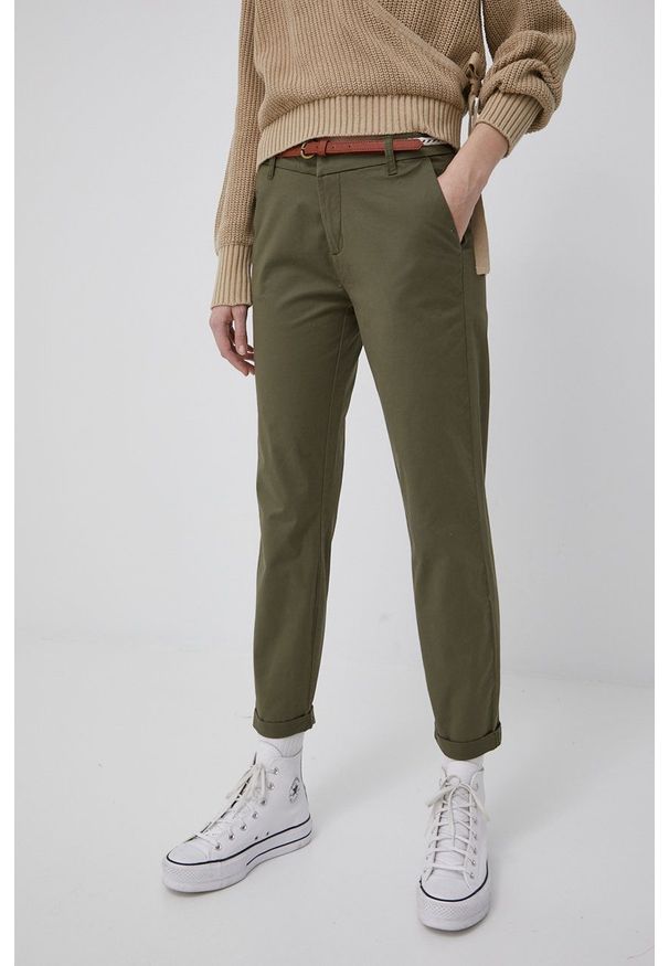 only - Only spodnie damskie kolor zielony fason chinos medium waist. Kolor: zielony. Materiał: tkanina, bawełna