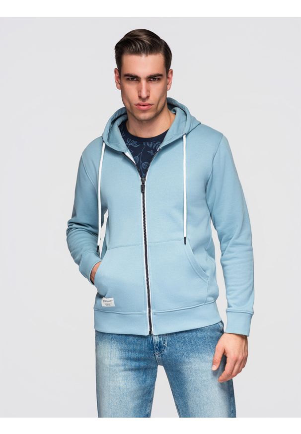 Ombre Clothing - Męska bluza bawełnina dresowa BASIC rozpinana z kapturem - niebieska V7 - Rozmiar: M. Okazja: na co dzień, na spacer, do pracy. Typ kołnierza: kaptur. Kolor: niebieski. Materiał: dresówka. Wzór: jednolity, gładki, aplikacja. Styl: casual