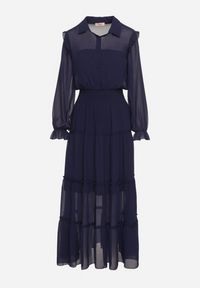 Born2be - Granatowa Rozkloszowana Sukienka VICES Koszulowa w Stylu Retro Aravite. Okazja: na co dzień. Typ kołnierza: kołnierzyk klasyczny, kołnierz z falbankami, dekolt w kształcie V. Kolor: niebieski. Długość rękawa: długi rękaw. Typ sukienki: koszulowe. Styl: retro #7