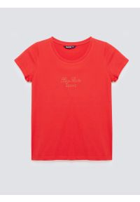 Big-Star - Koszulka damska z napisem z cyrkonii czerwona Malvina 603. Okazja: na co dzień. Kolor: czerwony. Materiał: bawełna, jeans, dzianina. Wzór: napisy. Styl: klasyczny, casual