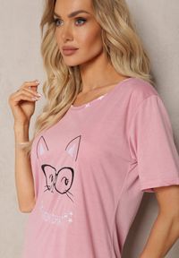 Renee - Różowy Komplet Piżamowy z Bawełny T-shirt z Nadrukiem i Kolarki Babiora. Kolor: różowy. Materiał: bawełna. Wzór: nadruk #6