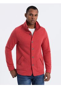 Ombre Clothing - Bluza męska casual ze stójką zapinana na guziki - czerwony melanż V3 OM-SSZP-0171 - XXL. Okazja: na co dzień. Typ kołnierza: kołnierzyk stójkowy. Kolor: czerwony. Materiał: bawełna, poliester. Wzór: melanż. Styl: casual #1
