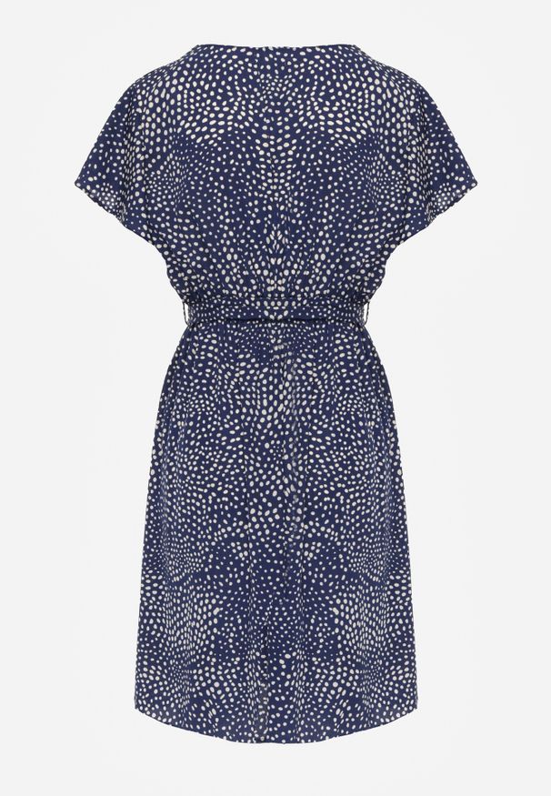 Renee - Granatowa Sukienka Oreithonia. Typ kołnierza: dekolt w serek. Kolor: niebieski. Materiał: tkanina, materiał. Wzór: nadruk, aplikacja, kropki. Typ sukienki: kopertowe. Długość: mini