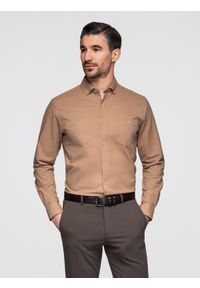 Ombre Clothing - Koszula męska lniana z klasycznym kołnierzykiem i kieszeniami REGULAR FIT – jasnobrązowa V7 - Rozmiar: M. Okazja: na co dzień. Typ kołnierza: kołnierzyk klasyczny. Kolor: brązowy. Materiał: len. Długość: długie. Wzór: aplikacja. Sezon: wiosna, lato. Styl: klasyczny