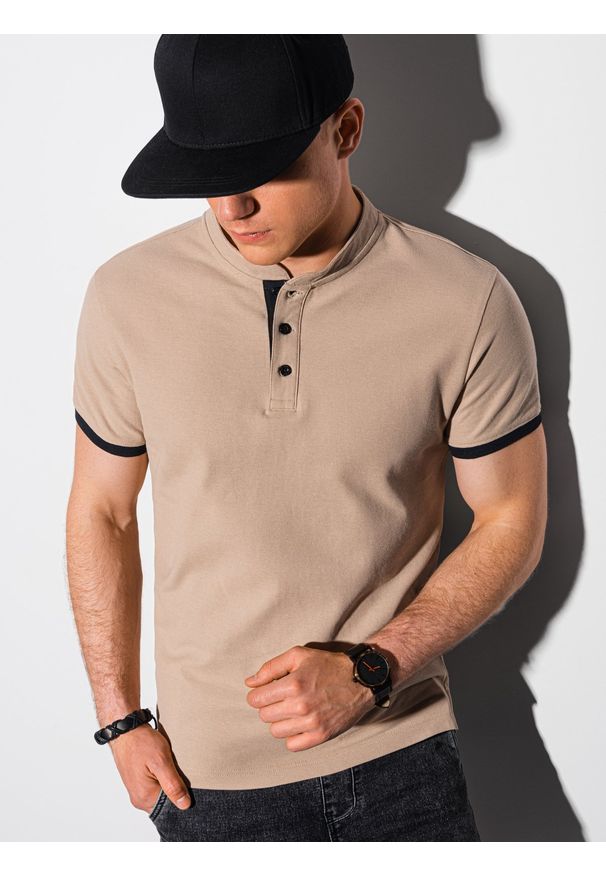 Ombre Clothing - T-shirt męski polo bez kołnierzyka - beżowy V5 S1381 - XL. Typ kołnierza: bez kołnierzyka, polo. Kolor: beżowy. Materiał: materiał, bawełna