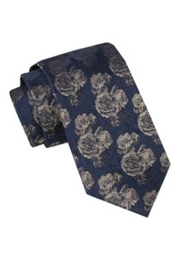 Męski Krawat - Alties - Beżowe Róże na Granatowym Tle. Kolor: niebieski, brązowy, wielokolorowy, beżowy. Materiał: tkanina. Styl: elegancki, wizytowy #1