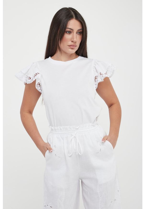 Twinset Milano - T-shirt damski z koronką TWINSET. Materiał: koronka. Wzór: koronka