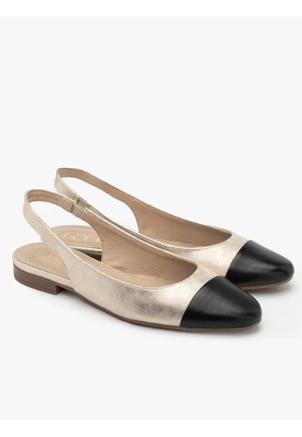 Ryłko - Platynowe baleriny typu slingback z czarnym noskiem. Nosek buta: okrągły. Kolor: szary. Materiał: skóra, syntetyk, guma. Szerokość cholewki: normalna. Styl: street