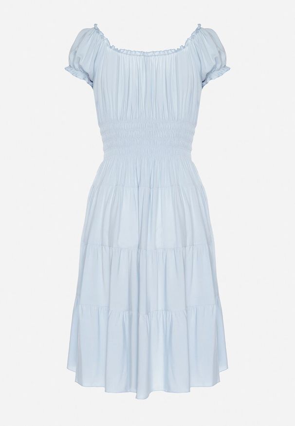 Born2be - Jasnoniebieska Bawełniana Rozkloszowana Sukienka z Guzikami i Bufiastymi Rękawami Annivi. Okazja: na co dzień. Kolor: niebieski. Materiał: bawełna. Styl: klasyczny, casual, elegancki