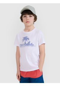 4f - 4F T-shirt regular z nadrukiem chłopięcy - biały 128 (7-8 lat). Okazja: na co dzień. Kolor: biały. Materiał: dzianina, bawełna, jersey. Długość rękawa: krótki rękaw. Długość: krótkie. Wzór: nadruk. Sezon: lato. Styl: klasyczny, sportowy, casual