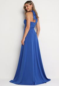 Born2be - Granatowa Rozkloszowana Sukienka z Asymetryczną Górą i Wiązaniem na Ramieniu z Rozcięciem Efirey. Kolor: niebieski. Materiał: tkanina. Typ sukienki: asymetryczne #4