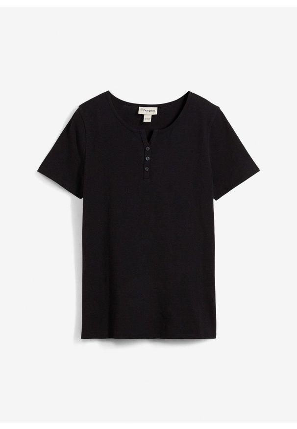 bonprix - Shirt z dekoltem henley, z czystej bawełny organicznej. Typ kołnierza: typu henley. Kolor: czarny. Materiał: bawełna. Wzór: gładki