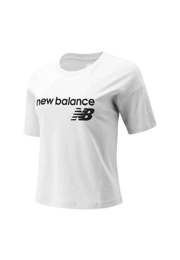 Koszulka New Balance WT03805WT - biała. Kolor: biały. Materiał: bawełna, tkanina. Długość rękawa: krótki rękaw. Długość: krótkie. Wzór: napisy