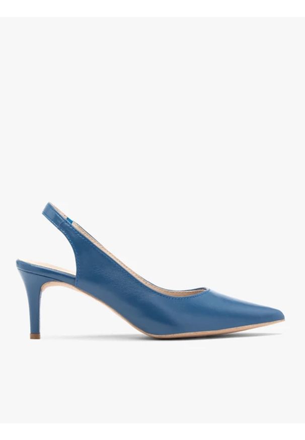 Ryłko - Niebieskie czółenka typu slingback. Zapięcie: pasek. Kolor: niebieski. Materiał: skóra. Szerokość cholewki: normalna. Obcas: na obcasie. Styl: street. Wysokość obcasa: średni
