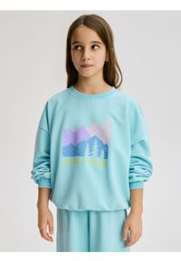 Reserved - Bawełniana koszulka z nadrukiem - jasnoturkusowy. Kolor: turkusowy. Materiał: bawełna. Wzór: nadruk