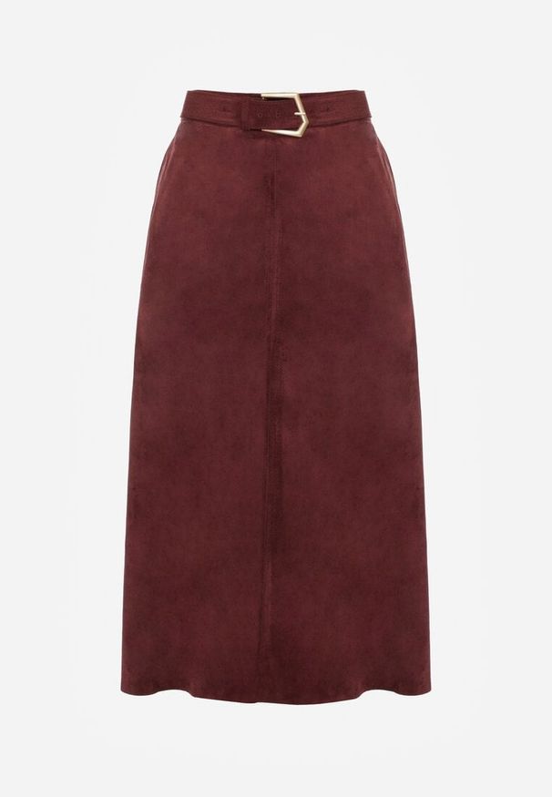 Born2be - Bordowa Rozkloszowana Wiskozowa Spódnica z Bawełną Ozdobiona Paskiem Nawedea. Okazja: na co dzień. Kolor: czerwony. Materiał: bawełna, wiskoza. Wzór: aplikacja. Styl: klasyczny, casual, elegancki