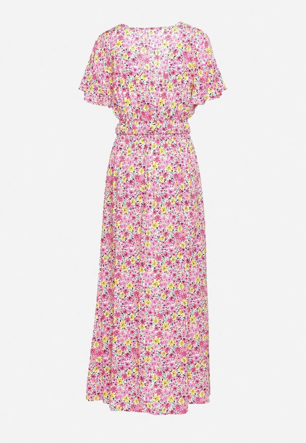 Born2be - Różowa Wiskozowa Sukienka z Kopertowym Dekoltem i Gumką w Pasie z Paskiem i Rozcięciem Vikama. Okazja: na spacer, na imprezę. Typ kołnierza: dekolt kopertowy. Kolor: różowy. Materiał: wiskoza. Typ sukienki: kopertowe. Styl: elegancki