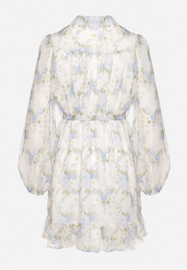 Born2be - Biało-Niebieska Sukienka Rozkloszowana z Materiałowym Paskiem w Talii Ozdobiona Falbankami Kleviorna. Okazja: na spotkanie biznesowe, do pracy. Typ kołnierza: kołnierz z falbankami. Kolor: biały. Materiał: materiał. Wzór: aplikacja. Typ sukienki: rozkloszowane. Styl: biznesowy, elegancki