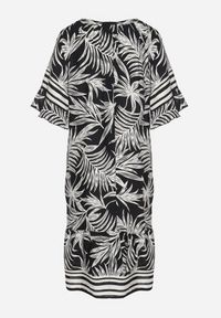 Born2be - Czarna Sukienka o Pudełkowym Kroju z Wiązaniem przy Dekolcie w Roślinny Wzór Mirionela. Kolor: czarny. Długość rękawa: krótki rękaw #6