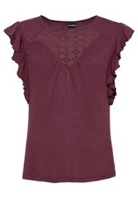 Shirt z koronkową wstawką bonprix ciemny jeżynowy. Kolor: fioletowy. Materiał: koronka. Wzór: koronka
