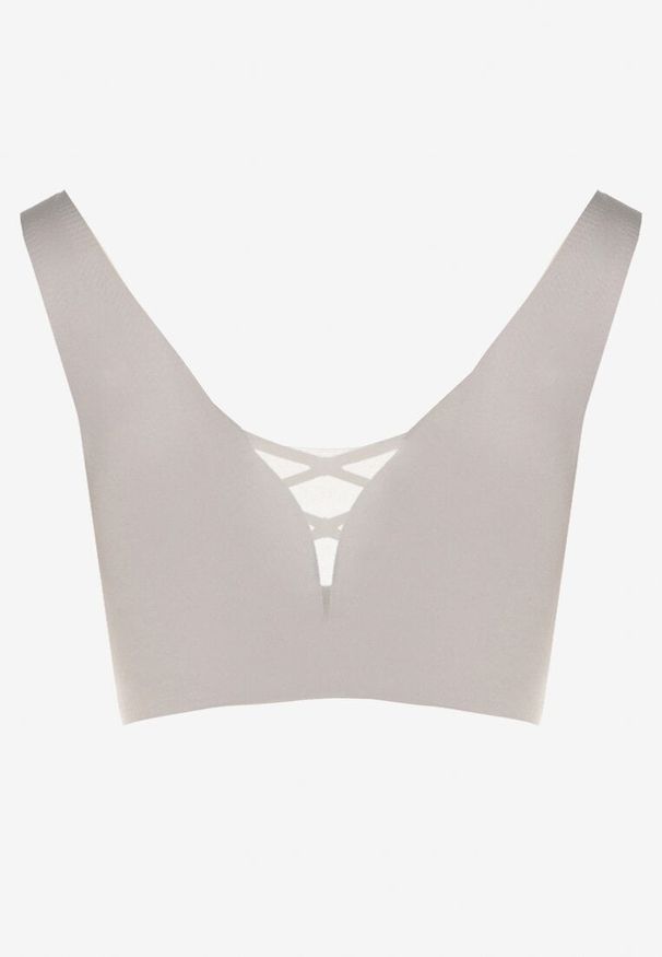 Born2be - Szary Biustonosz Sportowy z Siateczką i Gorsetowym Zdobieniem Saliatessa. Kolor: szary. Rodzaj stanika: wyciągane miseczki. Wzór: aplikacja