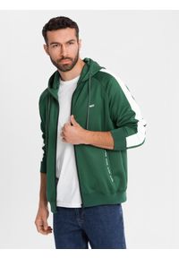 Ombre Clothing - Rozpinana męska bluza z kapturem i lampasami - ciemnozielona V7 - Rozmiar: M. Typ kołnierza: kaptur. Kolor: zielony. Materiał: guma, tkanina, dzianina, poliester, materiał. Wzór: gładki, aplikacja, nadruk. Styl: retro, sportowy #4