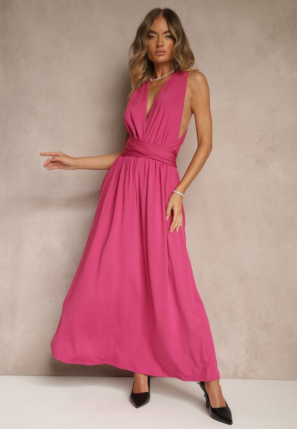 Renee - Ciemnoróżowa Sukienka Koktajlowa Multiway z Wiskozą Wiązana na Szyi Lilovea. Okazja: na imprezę. Typ kołnierza: dekolt w kształcie V. Kolor: różowy. Materiał: wiskoza. Typ sukienki: rozkloszowane. Styl: wizytowy