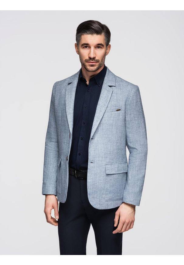 Ombre Clothing - Marynarka męska o kroju REGULAR z lnem - jasnoniebieska V4. Okazja: do pracy. Kolor: niebieski. Materiał: len. Wzór: aplikacja. Styl: elegancki, klasyczny