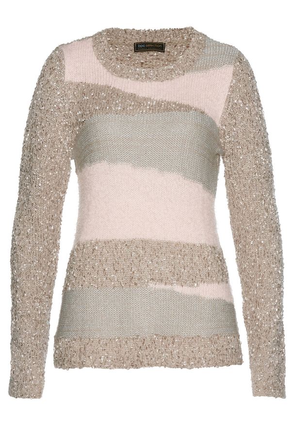 Sweter z puszystej przędzy bonprix pastelowy jasnoróżowy - jasnoszary melanż - antracytowy. Kolekcja: plus size. Kolor: różowy. Materiał: poliester, poliamid, akryl, materiał. Wzór: melanż