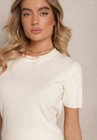 Renee - Jasnobeżowy Sweter Ozdobiony Ściągaczami Sanallia. Okazja: na co dzień. Kolor: beżowy. Materiał: jeans. Wzór: aplikacja. Styl: klasyczny, elegancki, casual #4