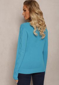 Renee - Niebieski Sweter ze Splotem w Warkocze i Dekoltem V Khara. Kolor: niebieski. Wzór: ze splotem. Sezon: jesień, zima #5